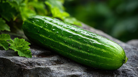 Fresh green cucumber resting on a stone surface with green foliage.の素材