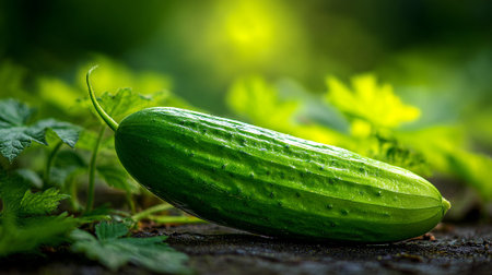 Fresh Green Cucumber Displayed in a Natural, Garden-Like Setting with Sunlightの素材