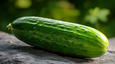 Fresh Green Cucumber Resting on Rustic Stone Surface in Natural Lightの素材