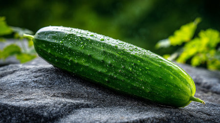 Fresh green cucumber on a stone surface with water droplets glistening.の素材