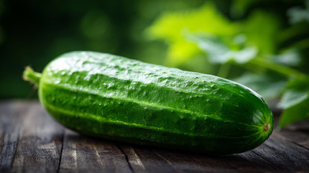 Fresh Green Cucumber on Rustic Wood Background with Leafy Green Backdropの素材