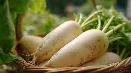 Fresh Daikon Radishes in a Woven Basket, a Delightful Farm Harvest Displayの素材