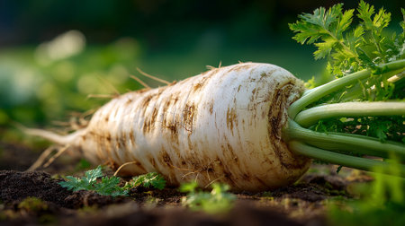 Freshly Harvested Parsnip Lying on Soil in Garden Patch Environmentの素材