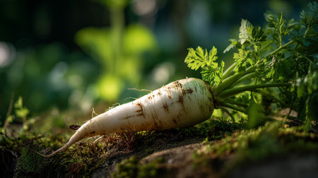 Parsnip Freshness: An Organic Parsnip with Vibrant Greens on Mossy Surfaceの素材