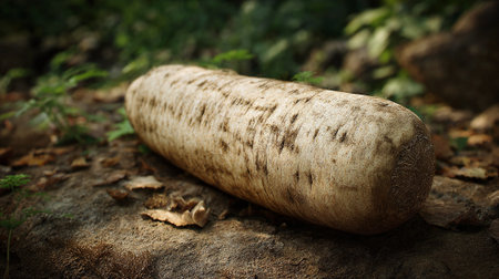 A Daikon Radish Resting on Earthy Ground Amidst Greenery and Natural Texturesの素材