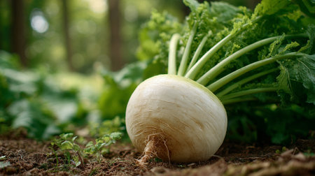 Fresh Turnip With Green Leaves Growing in Soil, Beautiful Natural Lightの素材