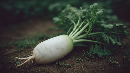 Freshly Harvested Daikon Radish Resting on the Earthy Soil of the Gardenの素材