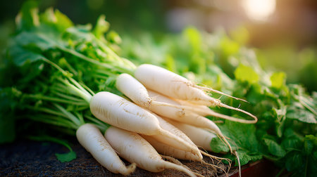Freshly Harvested White Radishes with Green Tops Displayed in Soft Sunlightの素材