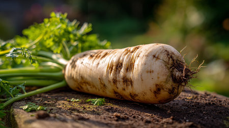 Fresh Parsnip with Green Leaves Resting on Wood with Soil Detailの素材