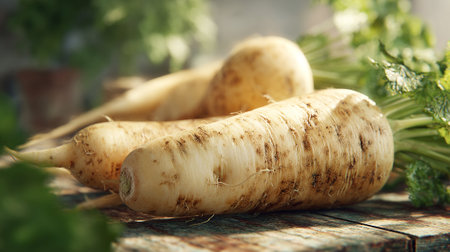 Freshly Harvested Parsnips on Rustic Wooden Table Displaying Natural Beautyの素材