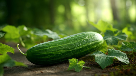 Fresh Green Cucumber on Rustic Surface Amidst Lush Foliage and Soft Lightの素材