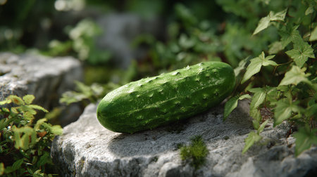 Fresh green cucumber resting on stone surface amidst lush botanical settingの素材