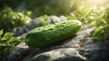 Fresh Cucumber on Rocks in the Sunlight, Verdant Leaves Surroundの素材