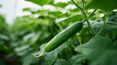 Fresh Green Cucumber Hanging on the Vine in a Lush Gardenの素材