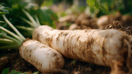 Freshly Harvested Daikon Radishes Displayed on Rich Soil with Green Leavesの素材