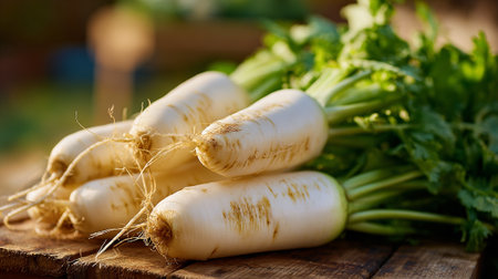 Fresh daikon radishes with vibrant green tops, arranged beautifully on wooden surfaceの素材