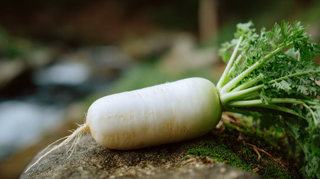 Fresh Daikon Radish Displayed Naturally On Mossy Rock Near Flowing Waterの素材