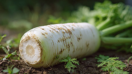 Fresh daikon radish resting on soil in garden with vibrant green leavesの素材