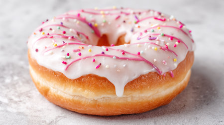 A delectable donut with a light vanilla frosting, drizzled with pink icing and colorful sprinkles. The focus is on the soft, fluffy texture and the sweet, sugary glaze.の素材