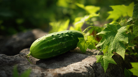 Freshly Picked Cucumber Resting on Stone in a Lush Garden Settingの素材