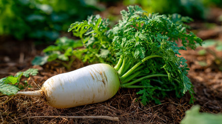 Freshly Harvested Daikon Radish Displaying Its White Body And Green Leavesの素材
