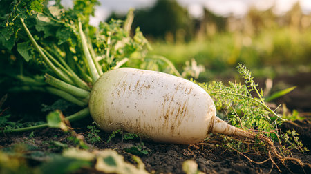 Fresh Daikon Radish: A Crisp and Clean Vegetable Harvest in the Gardenの素材