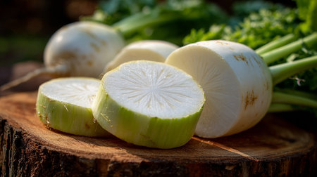 Fresh Daikon Radish Slices on Wood, a Nutrient Rich Root Vegetableの素材