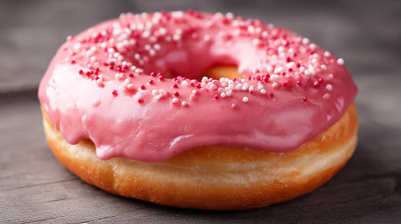 This delightful image features a delectable donut with a vibrant pink frosting, adorned with red and white sprinkles. The donut is placed on a rustic wooden surface, adding to its appeal.の素材