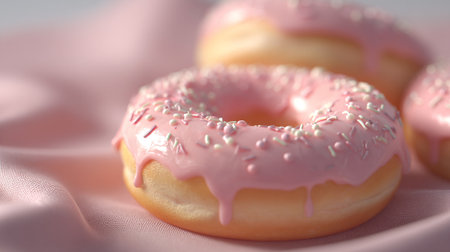 Indulge in these tempting donuts, glistening with a delightful pink frosting and colorful sprinkles. They are set against a soft pink silk fabric, creating a visually sweet composition.の素材
