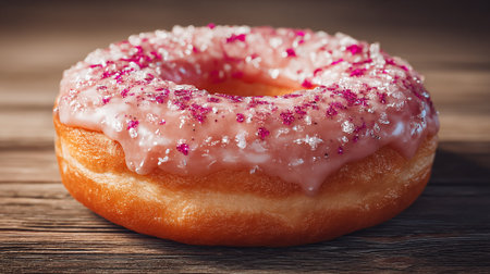 A tempting donut with a smooth, pink glaze and decorative pink and silver sprinkles rests on a rustic wooden surface. The sweet treat is illuminated with natural light.の素材