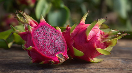Vibrant Pair of Dragon Fruits Displaying Exotic Beauty and Freshnessの素材