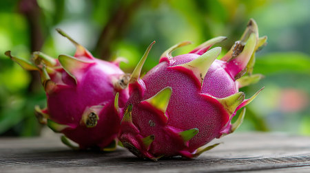 Two Vibrant Dragon Fruits Displayed on a Rustic Wooden Surfaceの素材