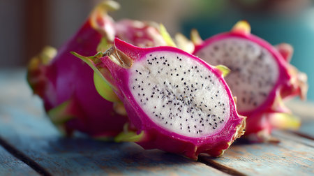 Sliced dragon fruit exhibiting its vibrant colors and unique texture on woodの素材