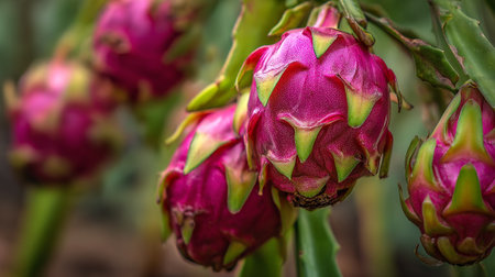 Vibrant dragon fruit, an exotic and beautiful tropical fruit on plantの素材