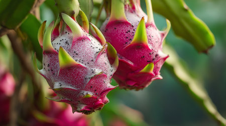 Two vibrant dragon fruits hanging on the plant in natural lightの素材
