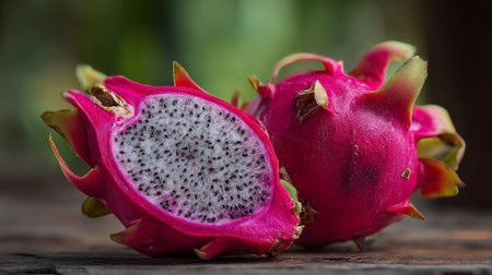 Vibrant Dragon Fruit Still Life on Wooden Surface Under Natural Lightの素材