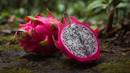 Exotic Dragon Fruit Still Life on Forest Floor, Half Cut Openの素材