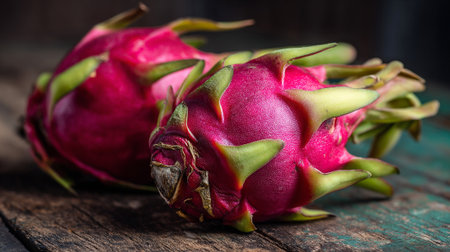 Vibrant Dragon Fruit Duo Displayed on Rustic Textured Wooden Surfaceの素材