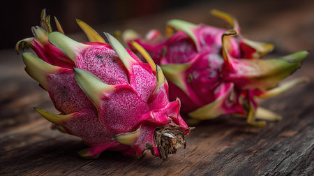 Two ripe dragon fruits on dark wood offer vibrant tropical freshnessの素材