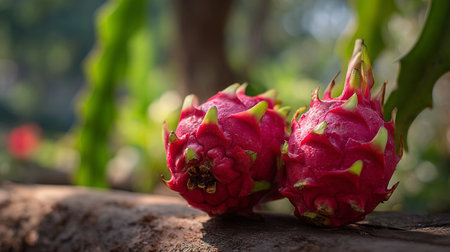 Exotic Dragon Fruit Duo: A Tropical Still Life in Vibrant Red and Greenの素材