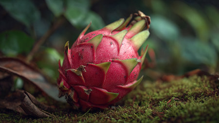 Exquisite Dragon Fruit Still Life on Mossy Ground, Tropical Fruit Conceptの素材