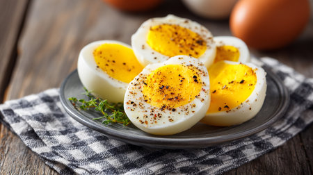Delicious hard boiled eggs on a rustic plate for breakfastの素材