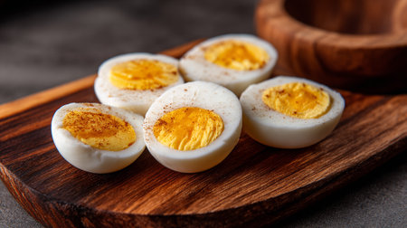 Perfectly Halved Hard Boiled Eggs Garnished on a Rustic Wooden Cutting Boardの素材