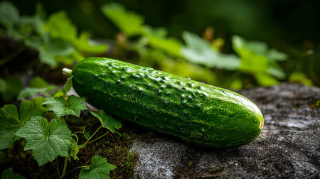 Fresh Green Cucumber Resting on a Rock Amongst Lush Foliage Outdoorsの素材