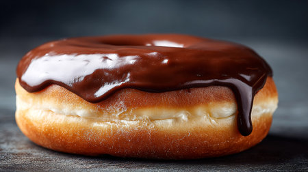 A tempting donut covered in rich, glossy chocolate icing is presented. The glaze drips slightly adding to the appeal of this sweet treat. Background is blurred for maximum focus.の素材