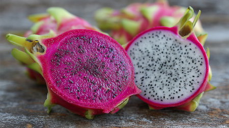 Exotic Dragon Fruit Displaying Vibrant Colors and Textures in a Culinary Presentationの素材