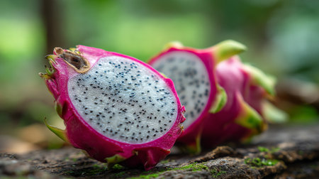 Vibrant Sliced Dragon Fruit on Textured Wood, a Tropical Delightの素材