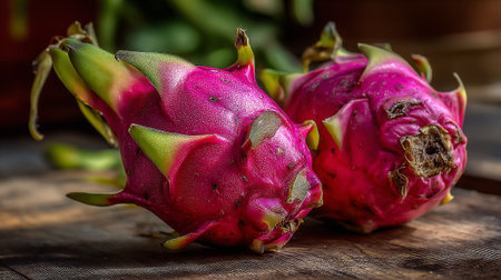 Exotic Dragon Fruit Duo Displayed on a Rustic Wooden Surfaceの素材