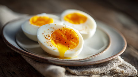 Soft Boiled Eggs on a Rustic Plate with Natural Lightingの素材