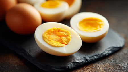 Hard Boiled Eggs: Sliced and Whole on a Rustic Dark Plateの素材